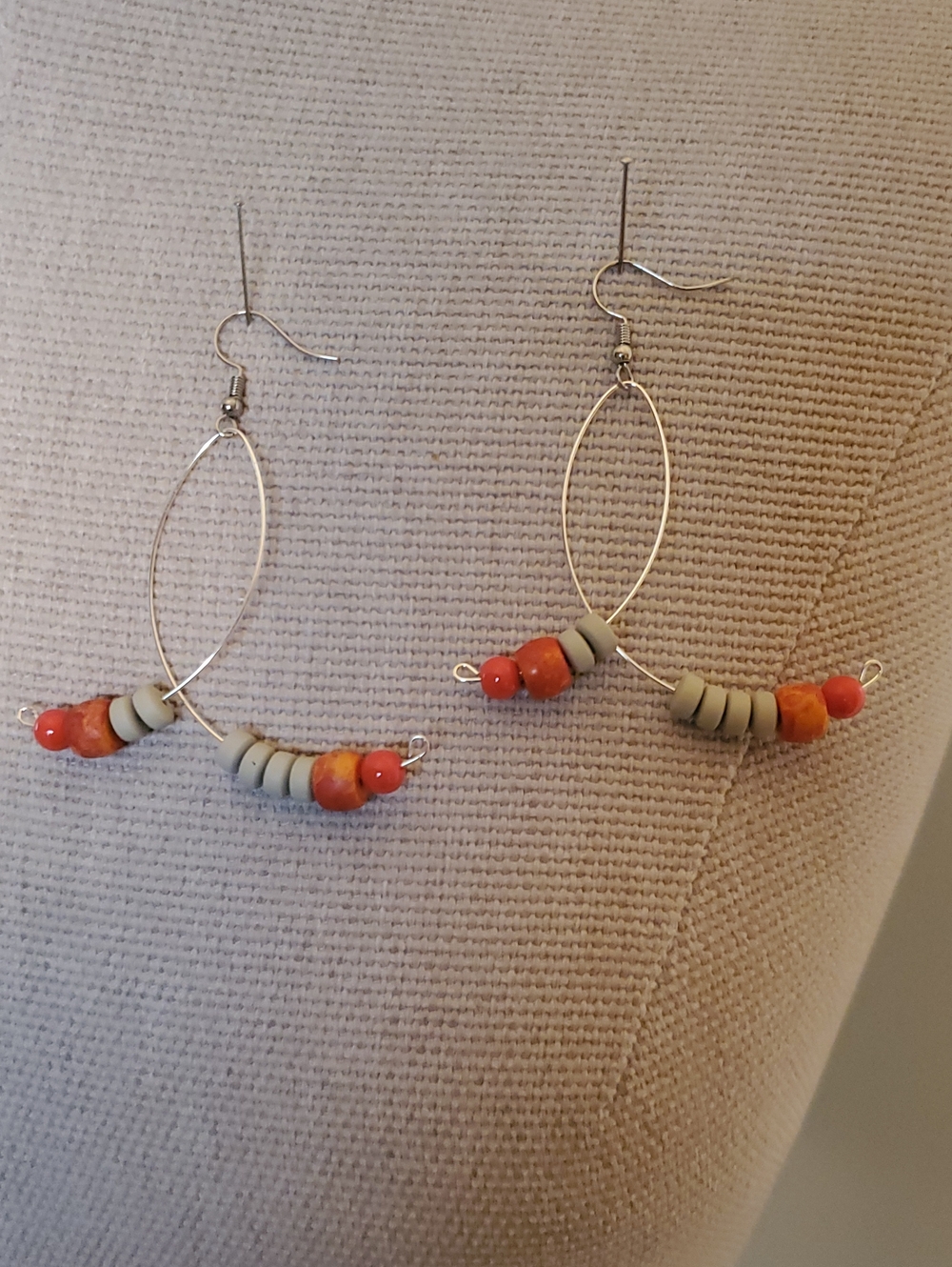 Handcrafted Orange and Gray Beaded Hoop Earrings